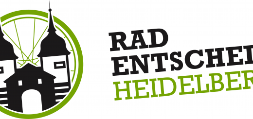 Schriftzug Radentscheid Heidelberg neben der stilisierten Alten Brücke vor einem stilisierten Rad